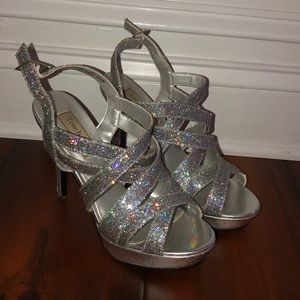 Sparkly silver high heel shoes